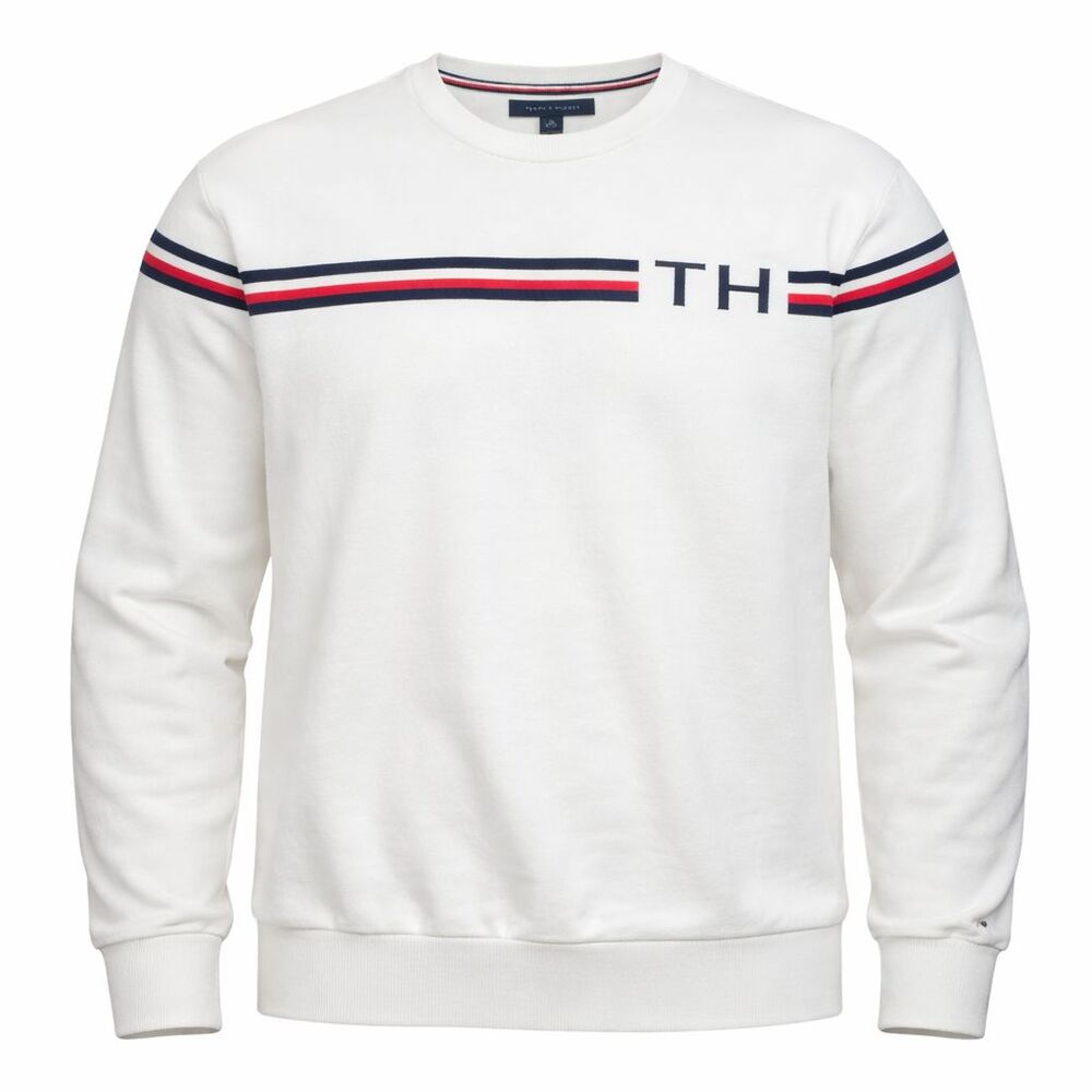 Tommy Hilfiger Sweater XL White Flag Logo Stripe Crewneck Pullover Mens